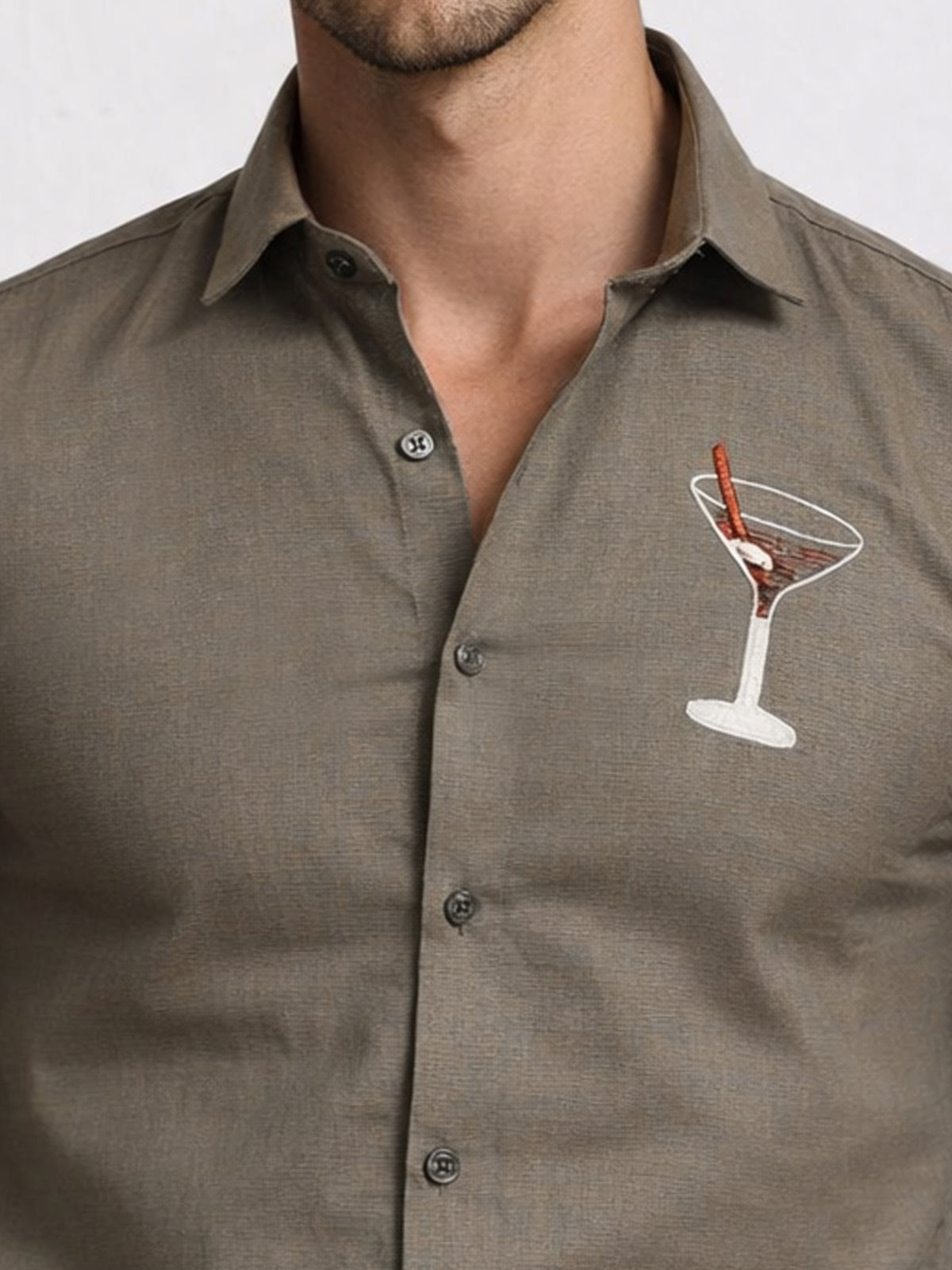 Men's Linen Olive Green Cocktail Glass Embroidery
