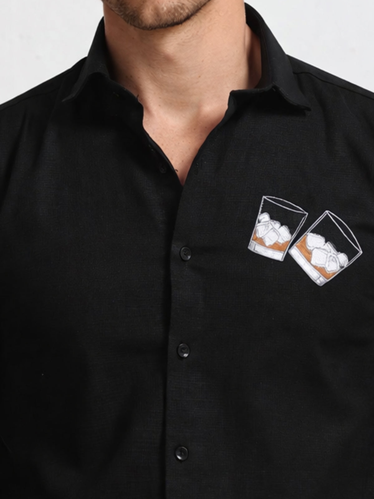 Men's Linen Black Whiskey Glass Embroidery