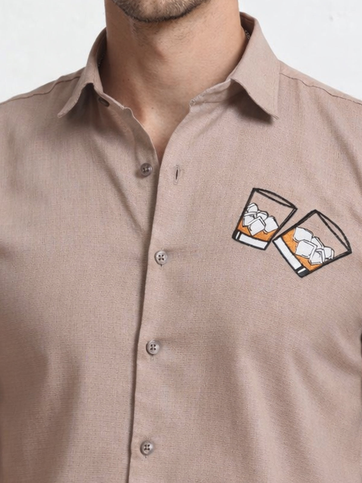 Men's Linen Beige Whiskey Glass Embroidery