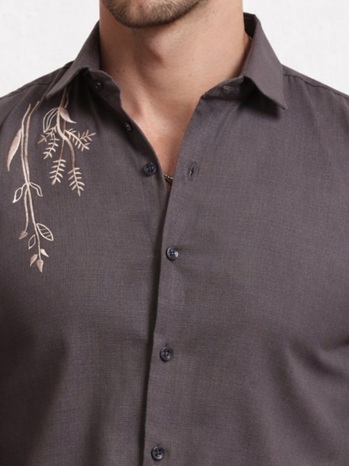 Men's Linen Charcoal Grey Botanical Embroidery