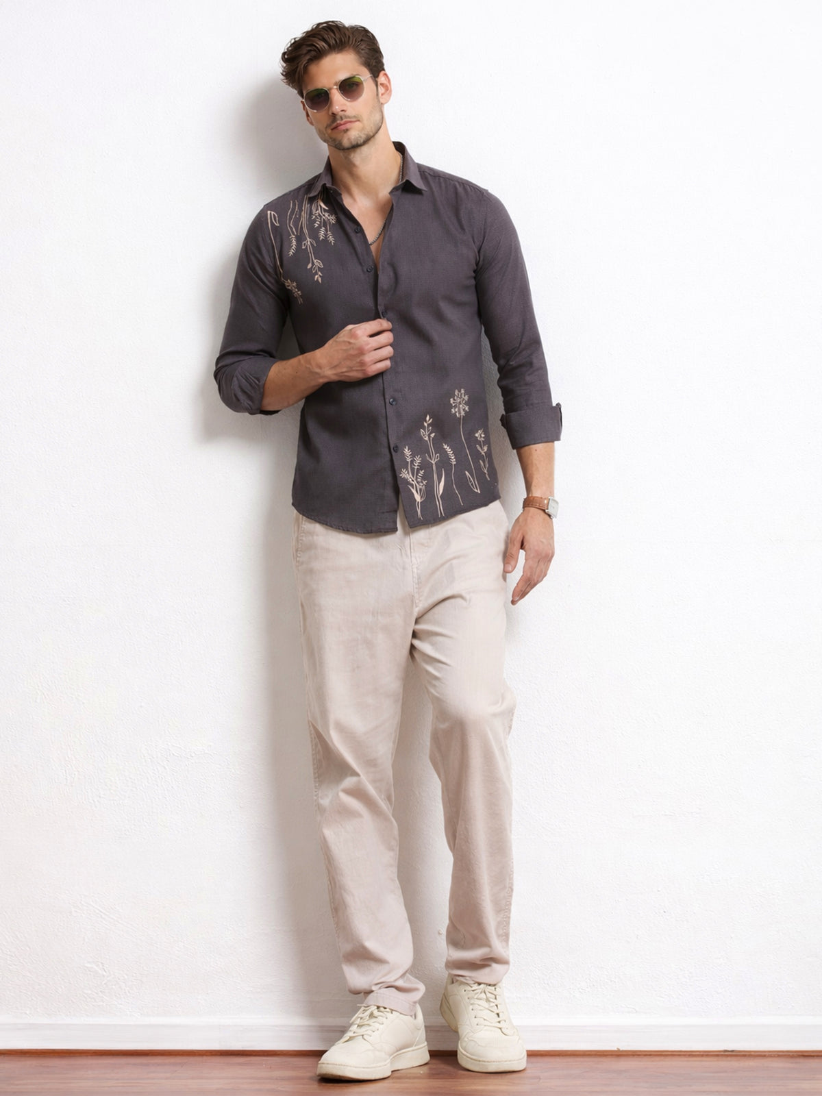 Men's Linen Charcoal Grey Botanical Embroidery