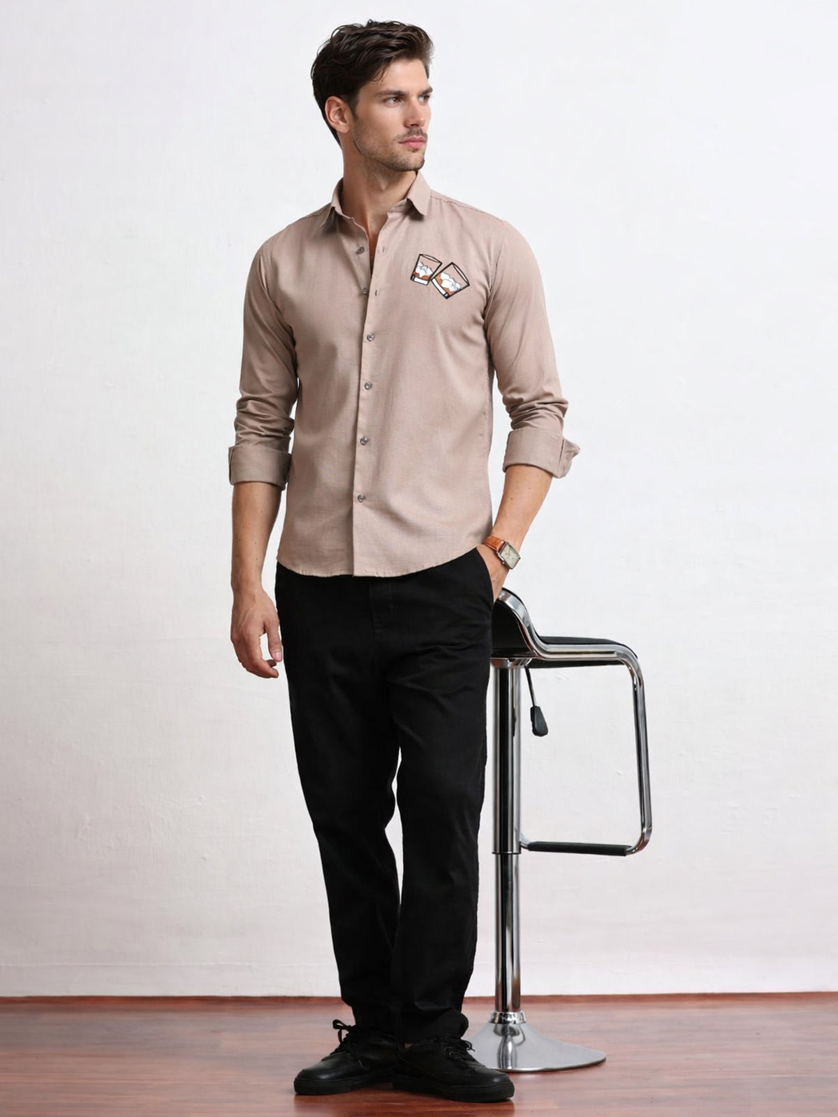 Men's Linen Beige Whiskey Glass Embroidery