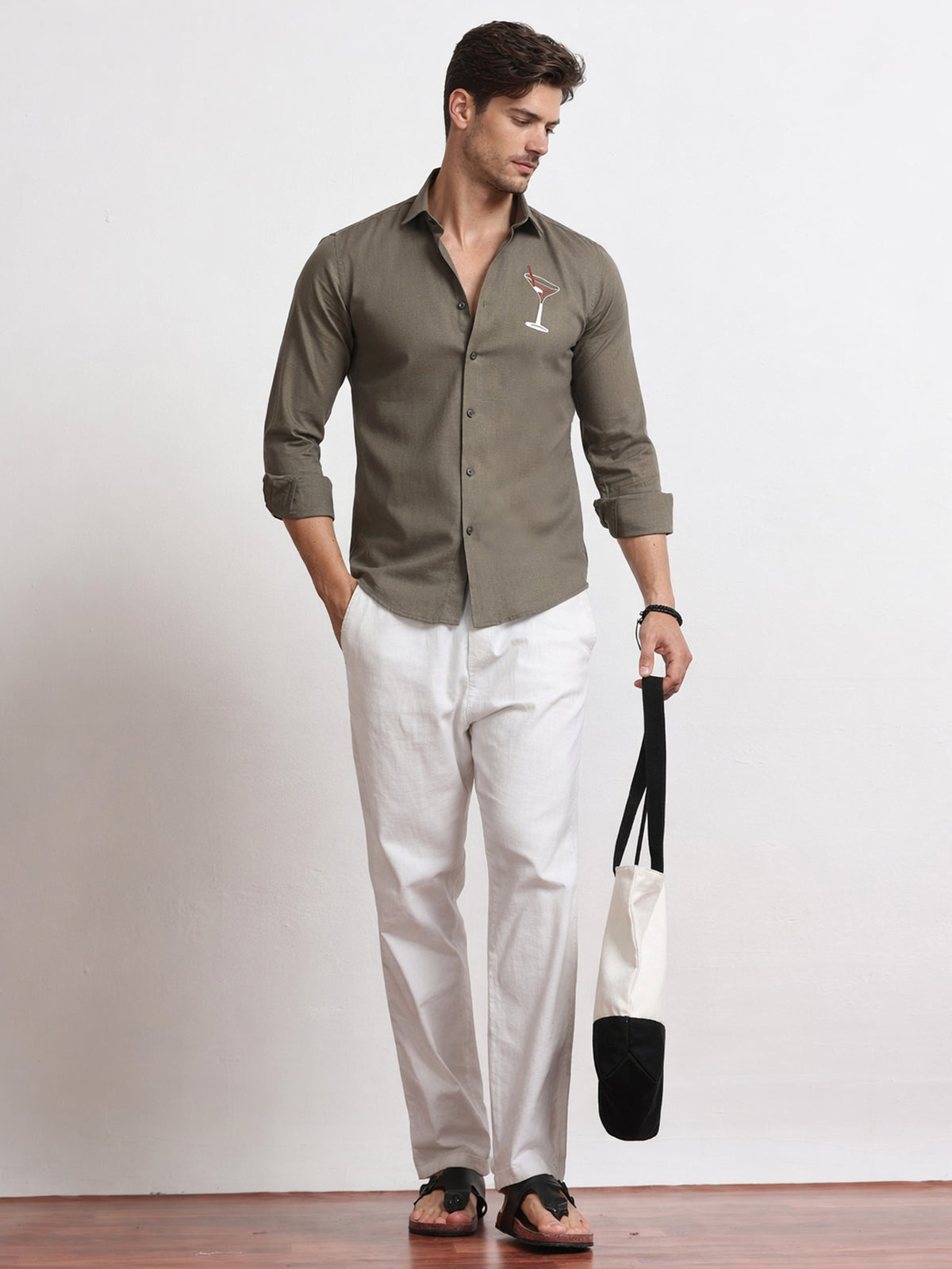 Men's Linen Olive Green Cocktail Glass Embroidery