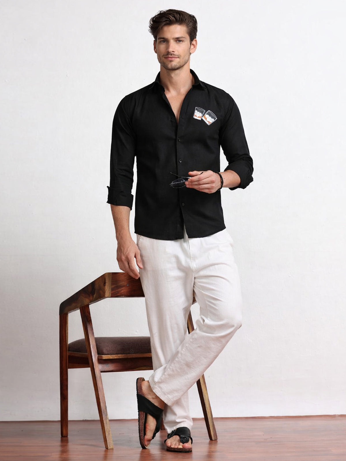 Men's Linen Black Whiskey Glass Embroidery