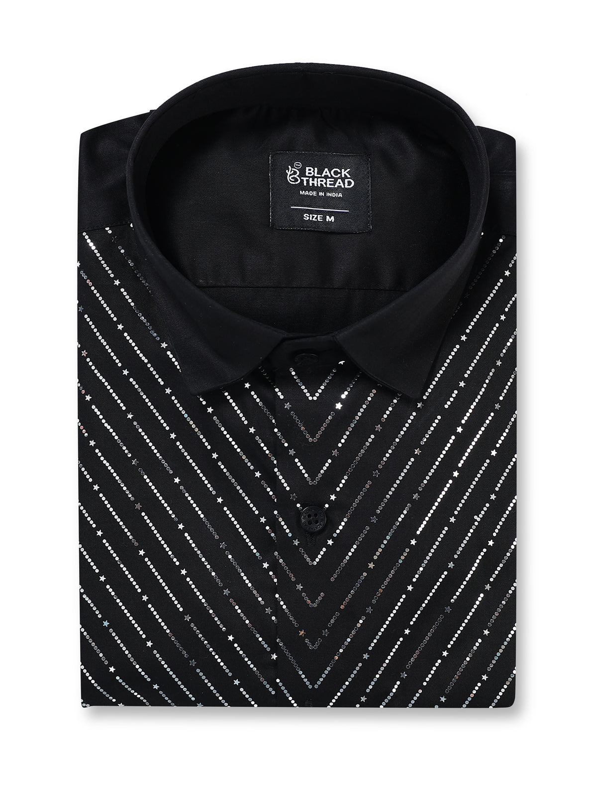 Men's Black Silver V-Stripe Stone Work