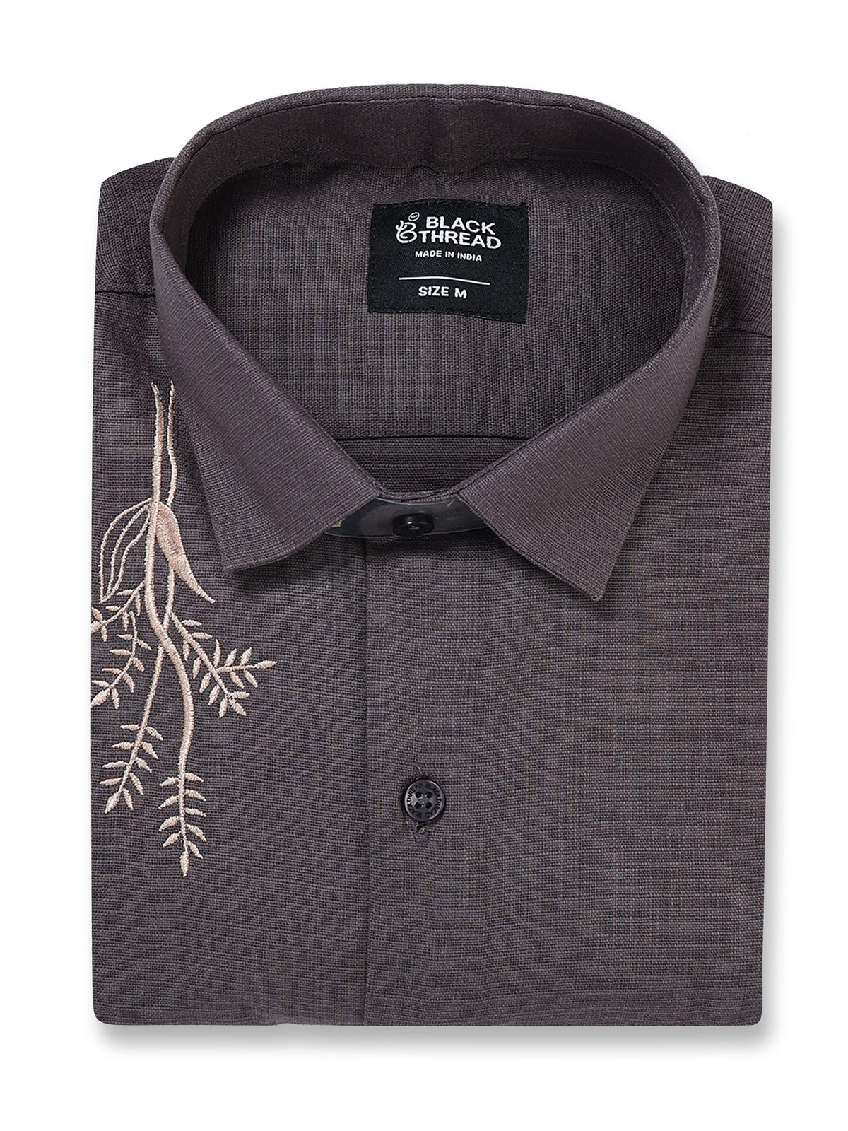 Men's Linen Charcoal Grey Botanical Embroidery