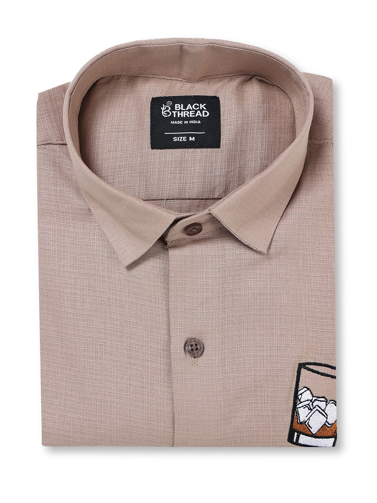 Men's Linen Beige Whiskey Glass Embroidery