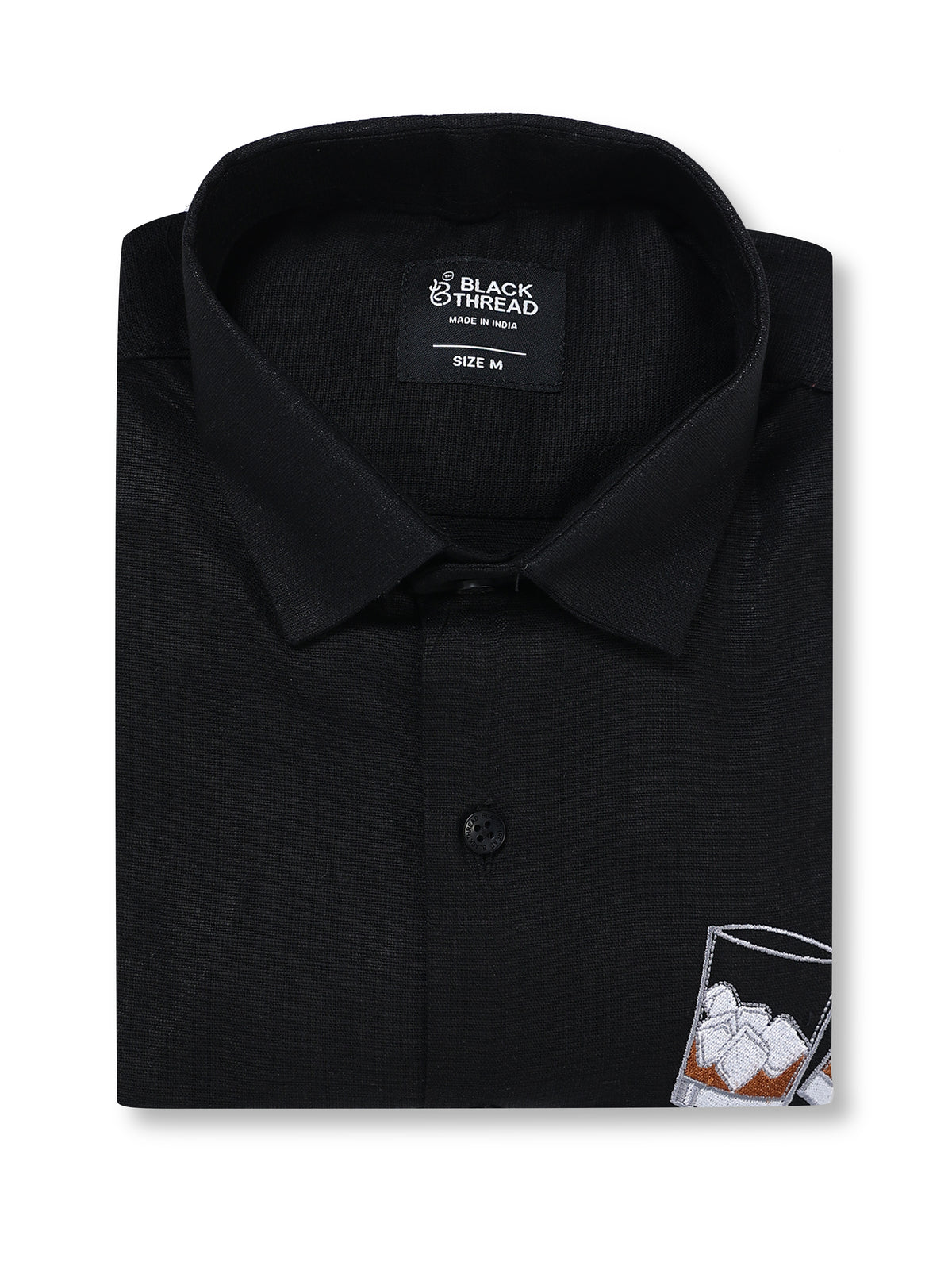 Men's Linen Black Whiskey Glass Embroidery