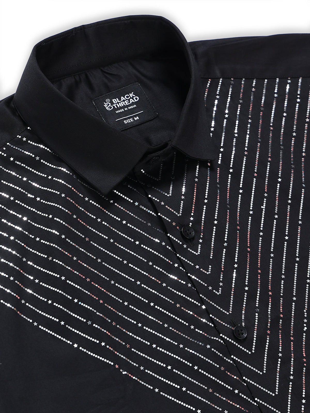 Men's Black Silver V-Stripe Stone Work