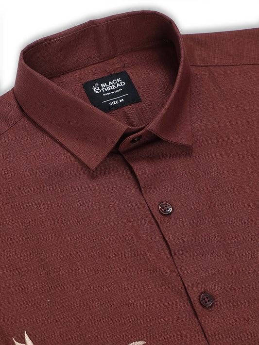 Men's Linen Maroon Floral Embroidery