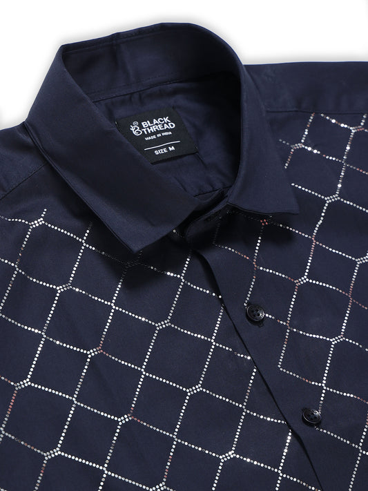 Men's Navy Blue Diamond Grid Stone Work