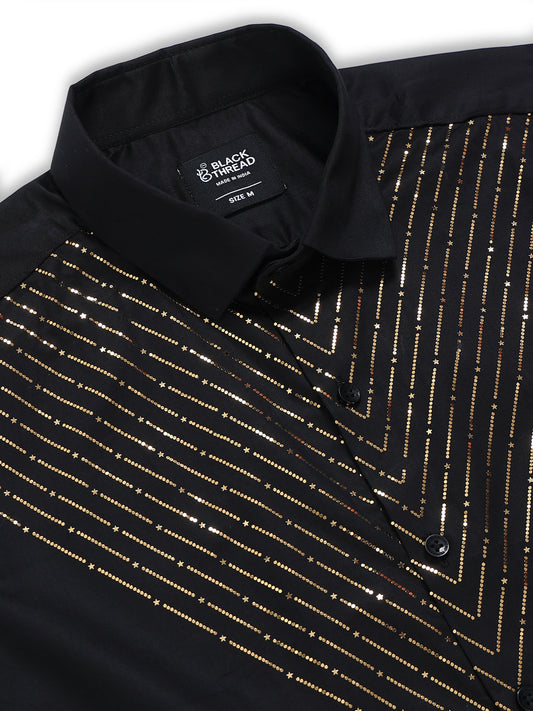 Men's Black Gold Stripe Stone Work