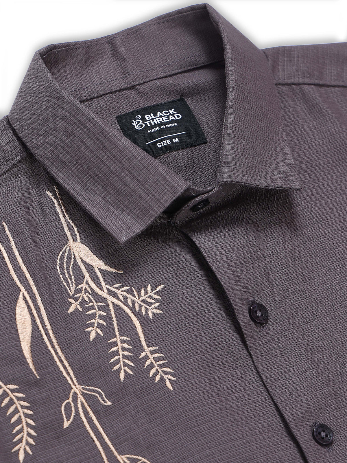 Men's Linen Charcoal Grey Botanical Embroidery