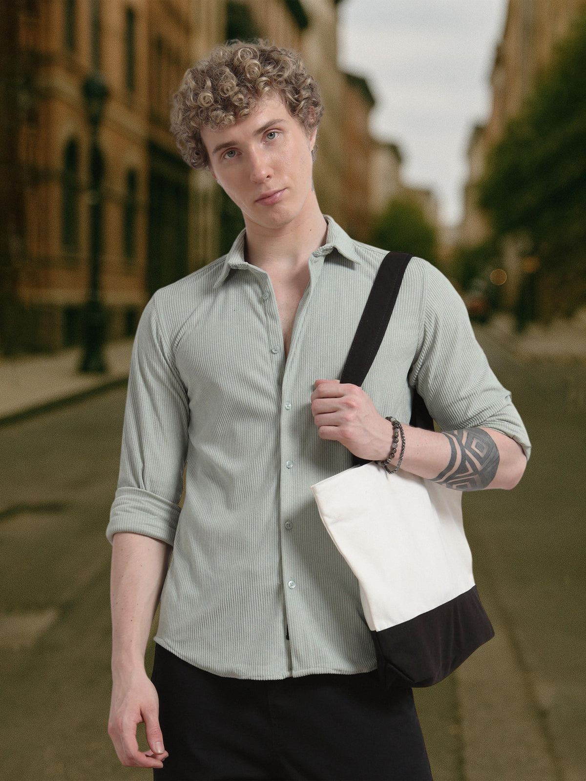 Full Sleeve Green Corduroy Shirt for Men