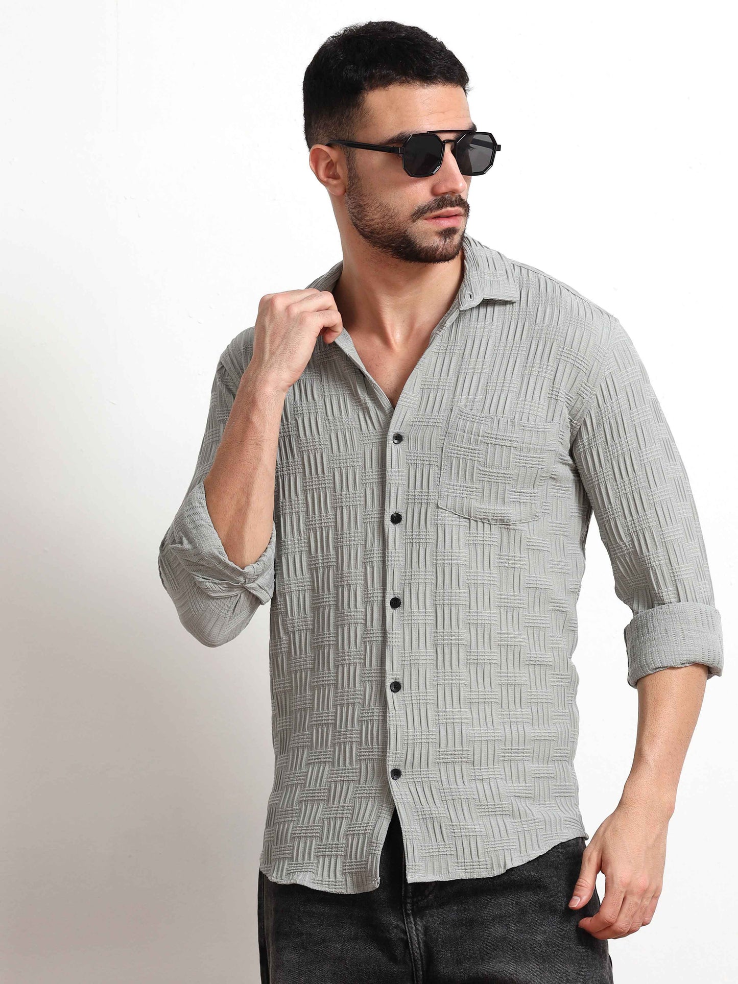 Grey Bricks Textured Popcorn Shirt for Men 