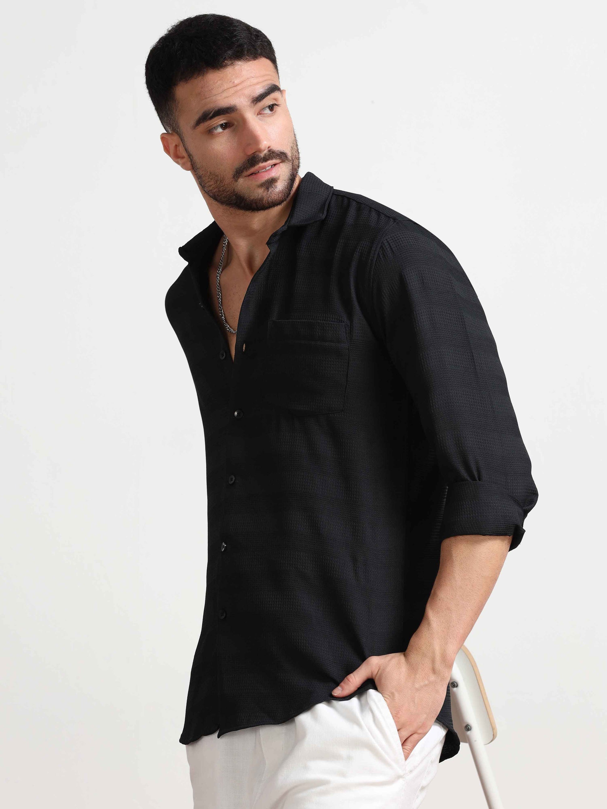 Black Textured Popcorn Shirt For Men