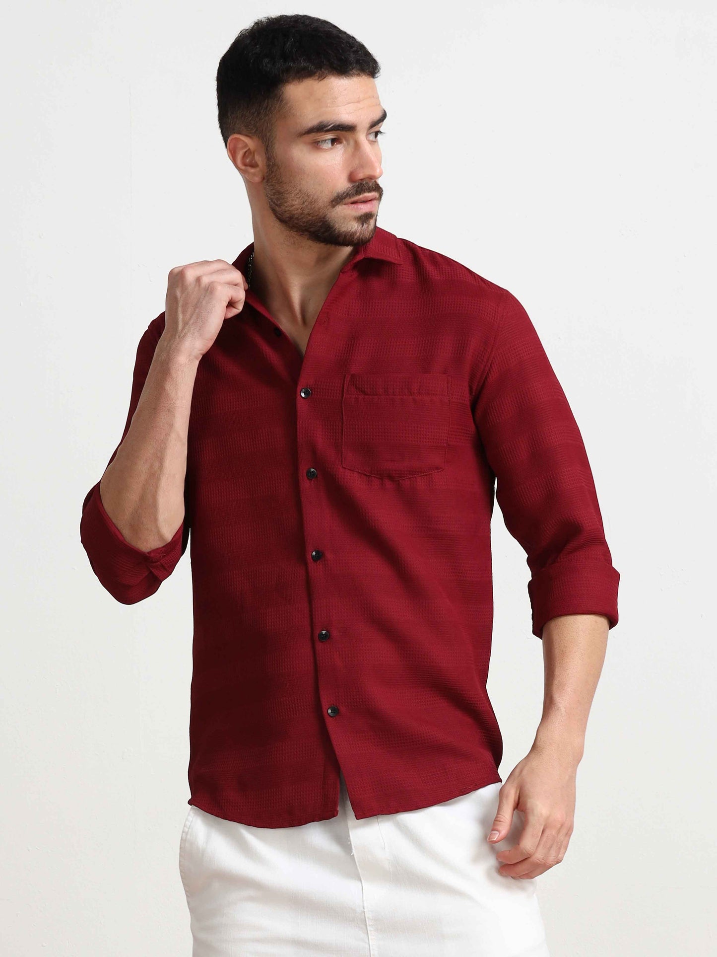 Red Textured Popcorn Shirt For Men