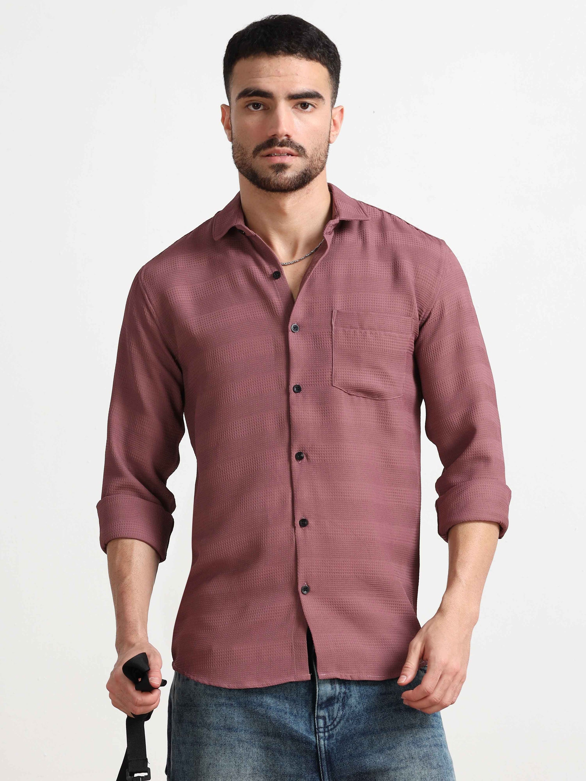 WineTextured Popcorn Full Sleeves Shirt For Men