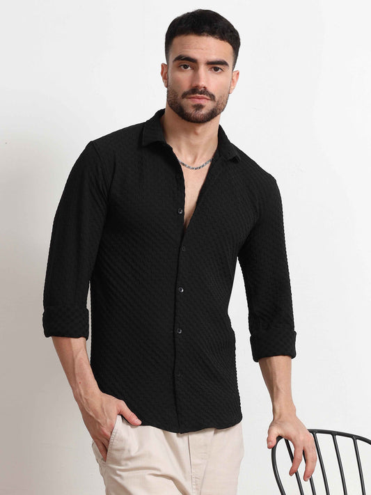 Black Checks Textured Popcorn Shirt