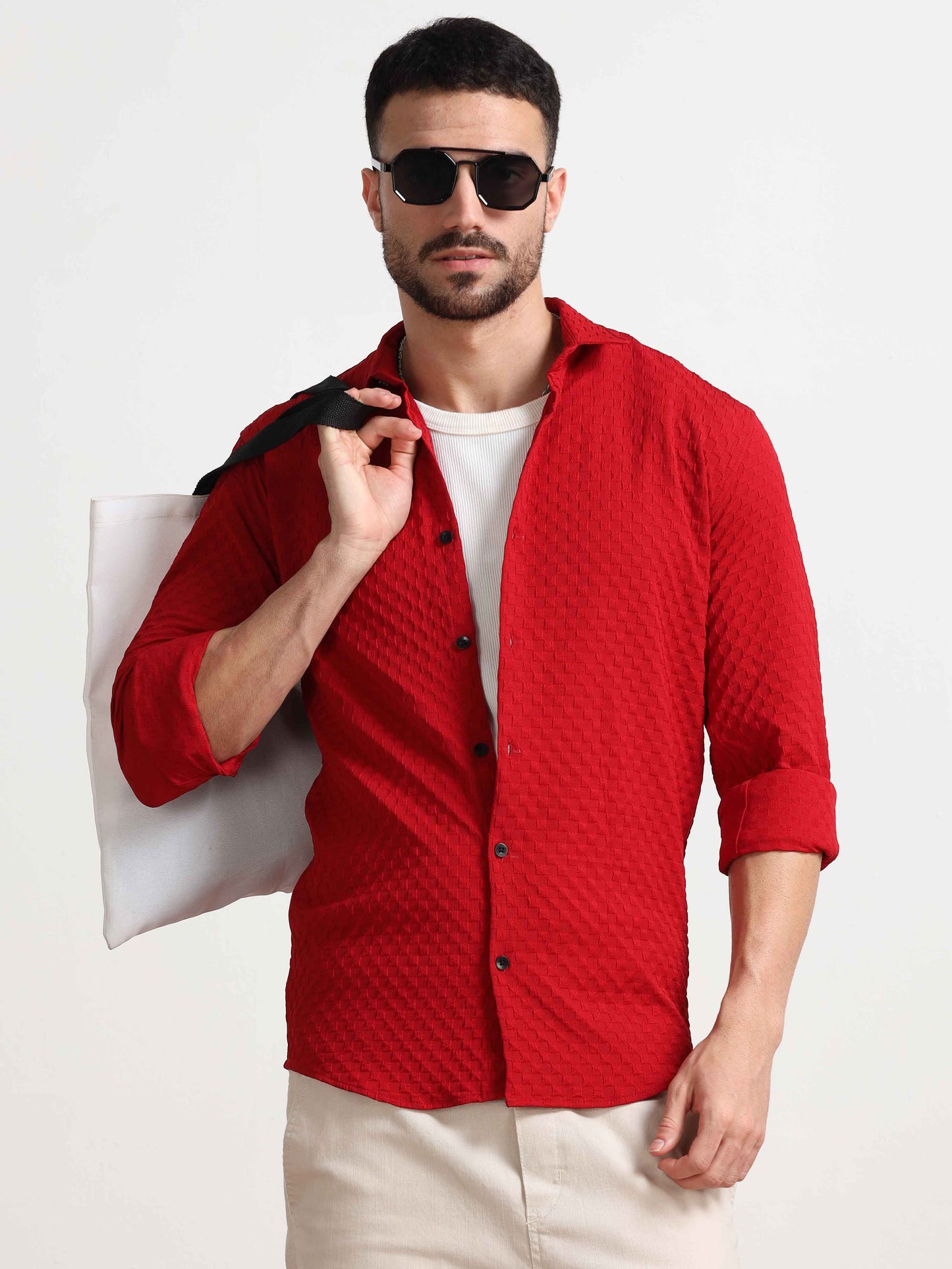 Red Checks Textured Popcorn Shirt For Men