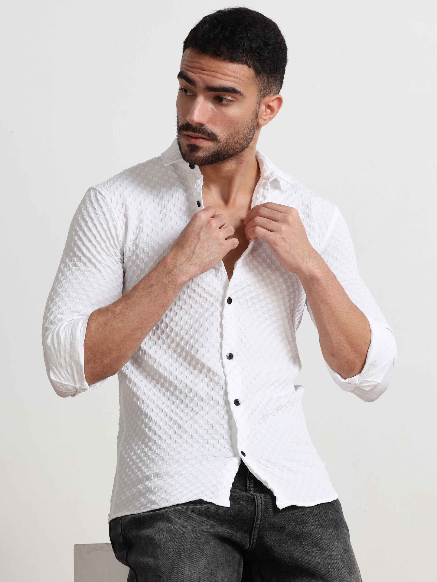 Checked Popcorn White Texture Shirt For Men