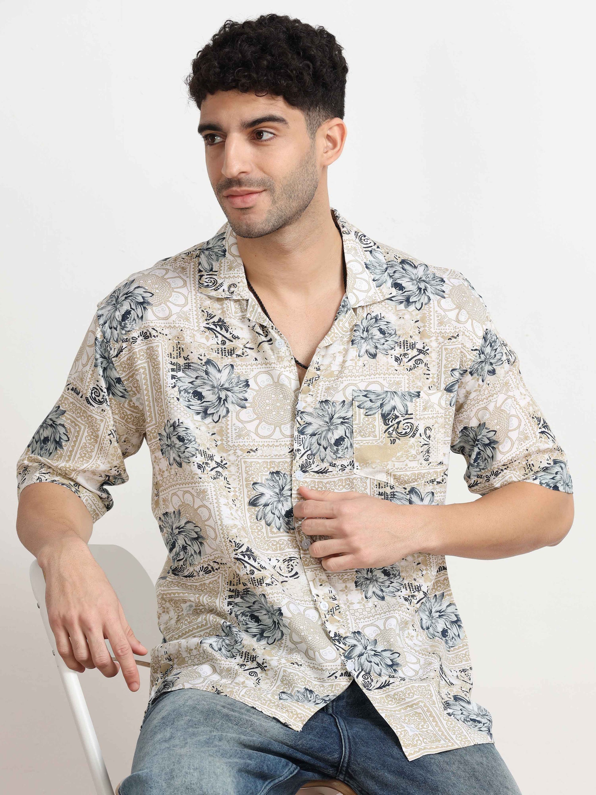 Beige Floral Printed  Shirt for men