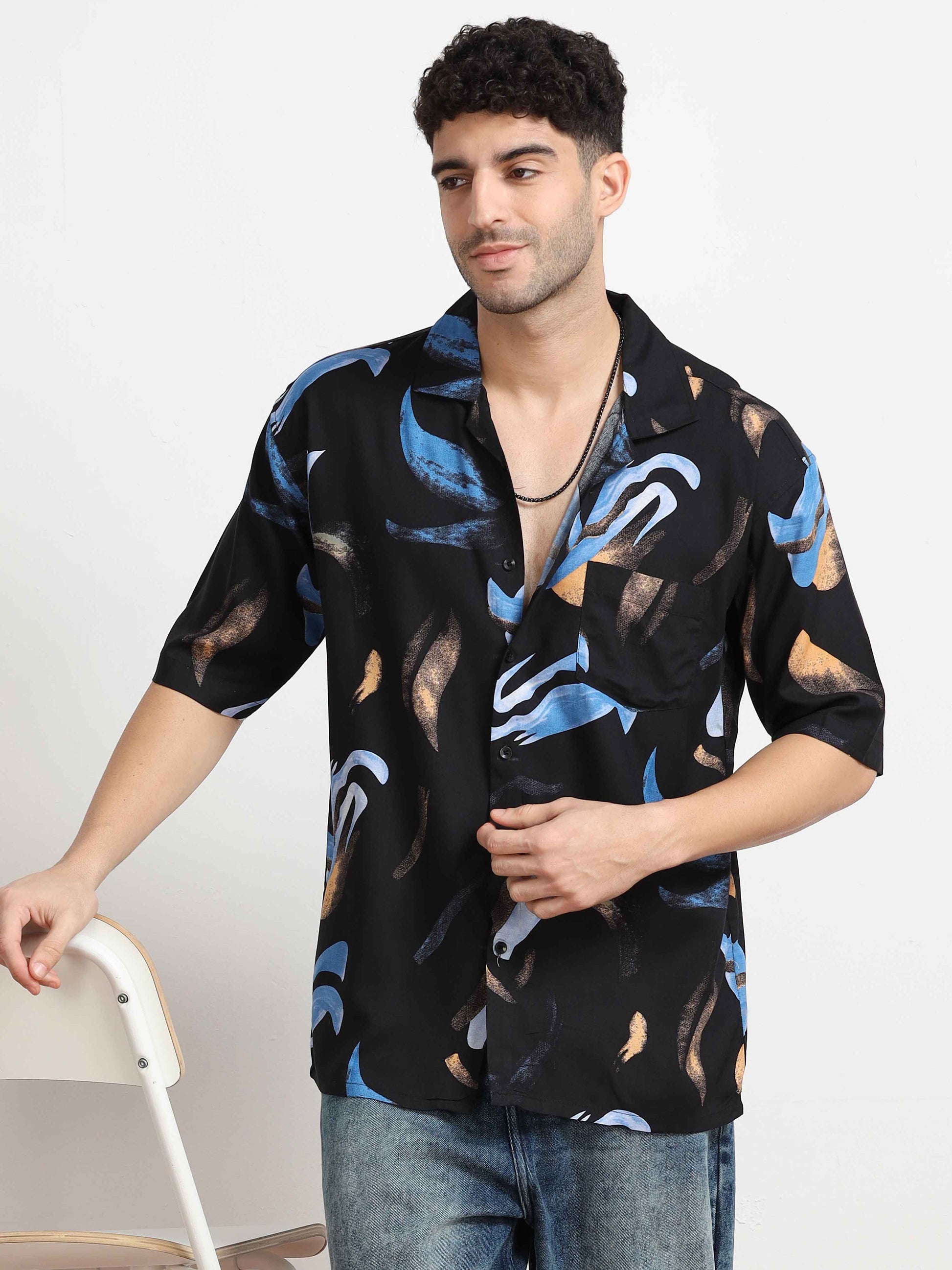 Abstract black cuban collar shirt for men