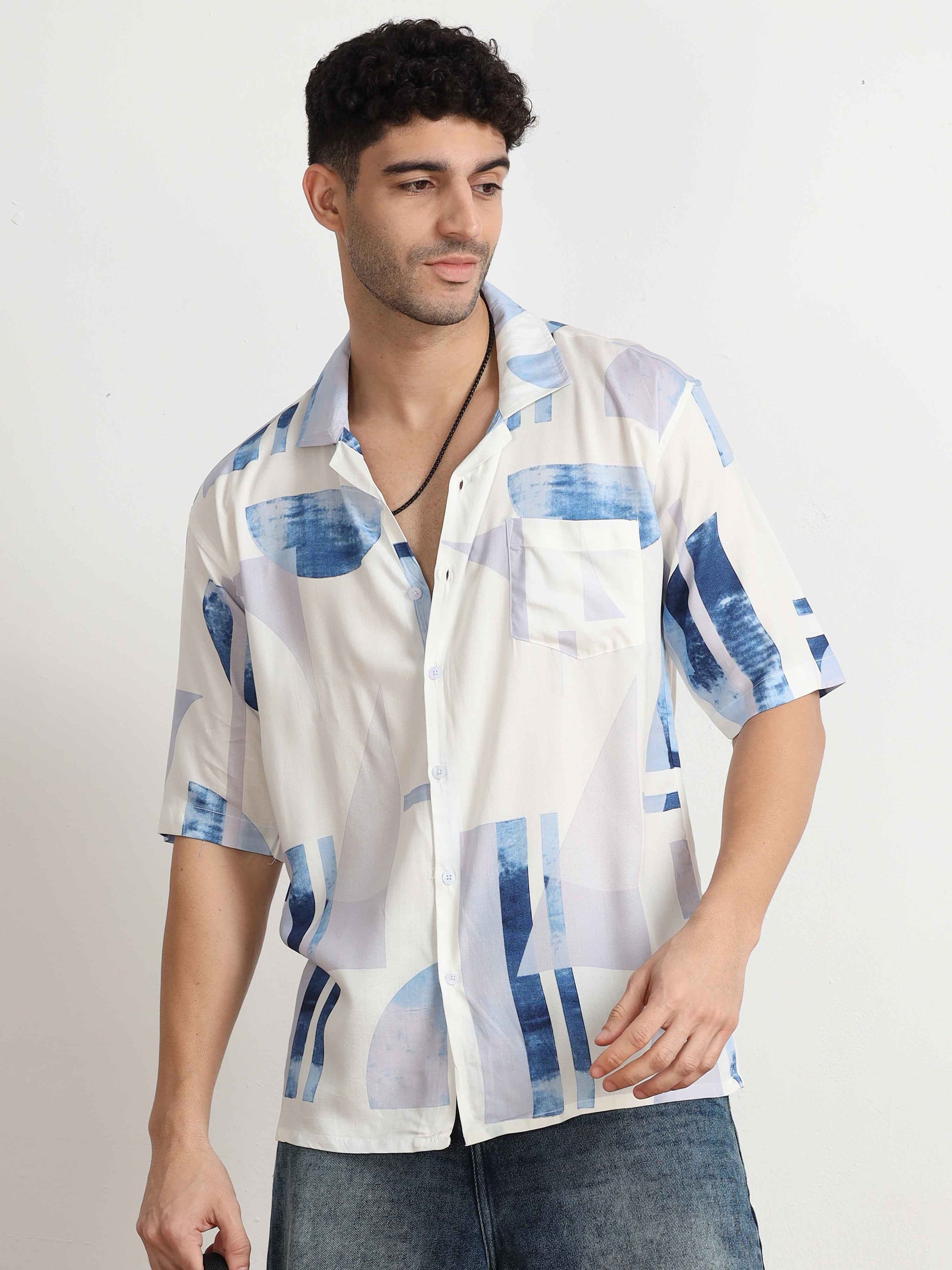 White and blue Abstract Shirt for men