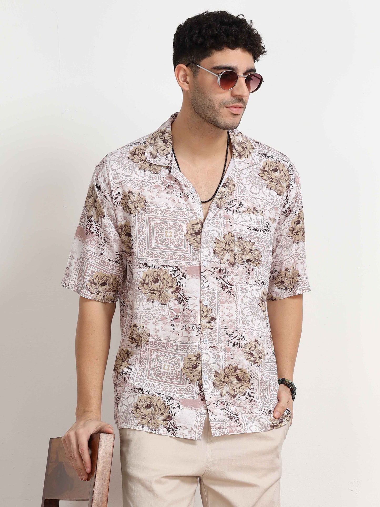  Floral Printed Light Brown Oversized Shirt for men