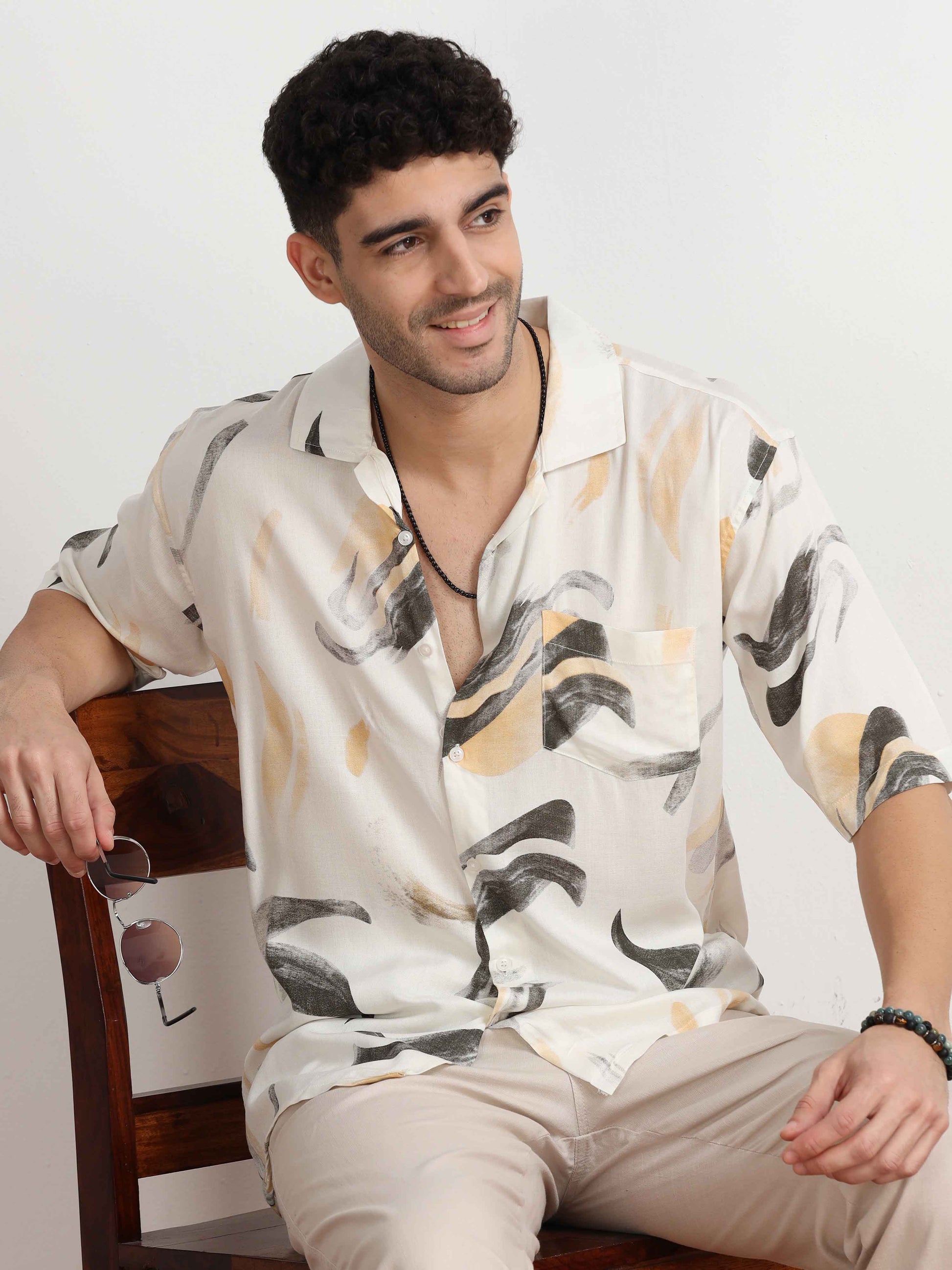 Yellowish Abstract Printed oversized shirt men