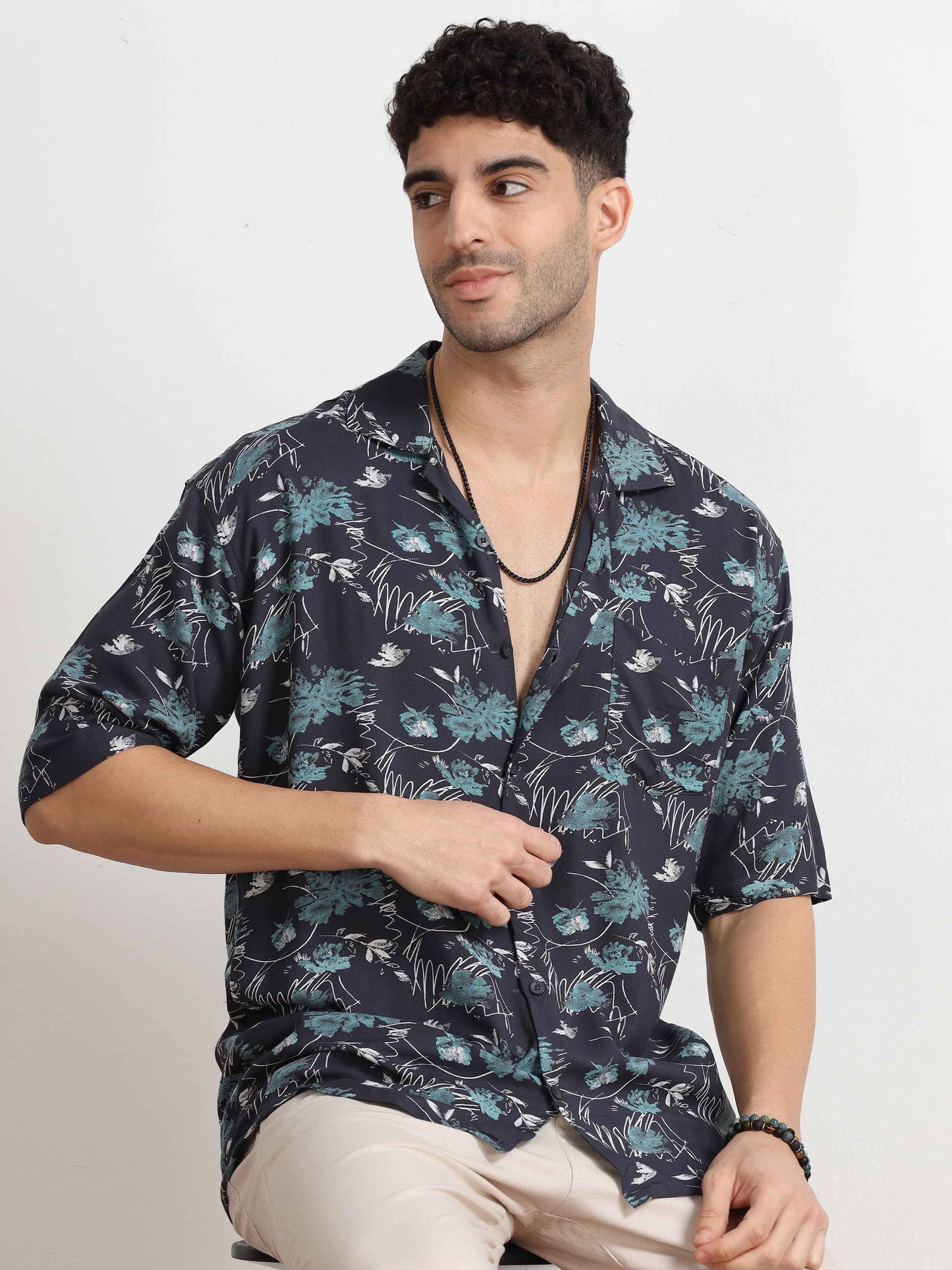 Navy Abstract Printed Oversized Shirt for men