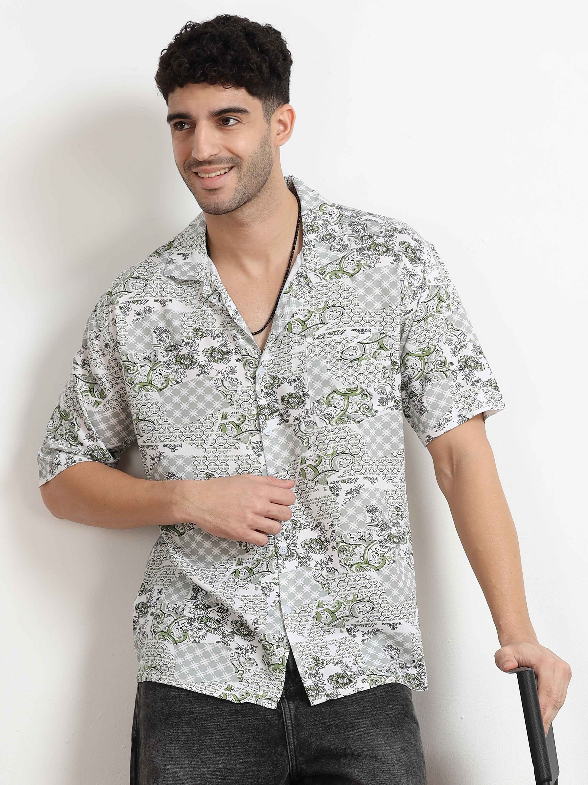 Light Green Printed Oversized Shirt for men