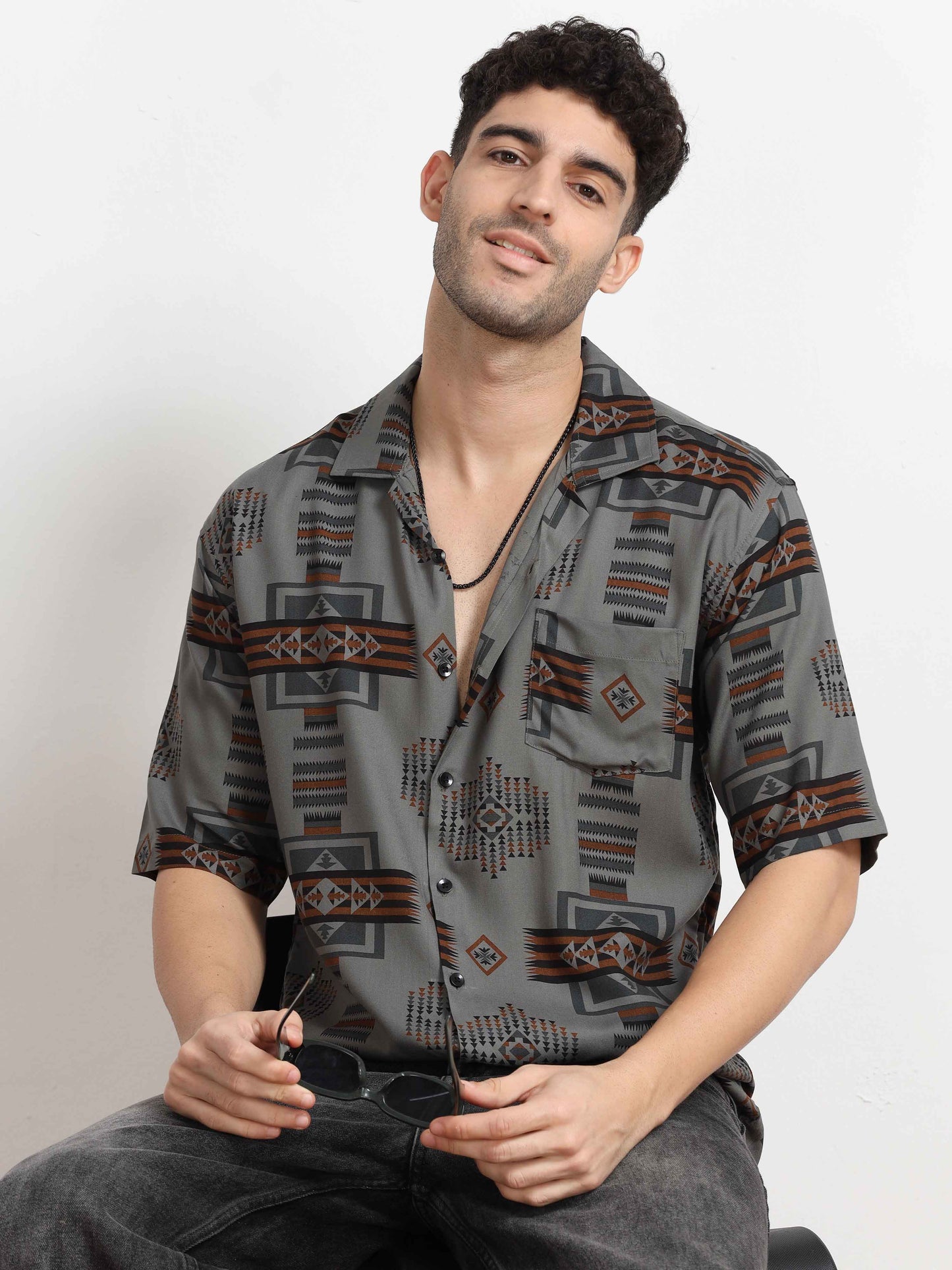 Grey geometric print Oversized shirt for men