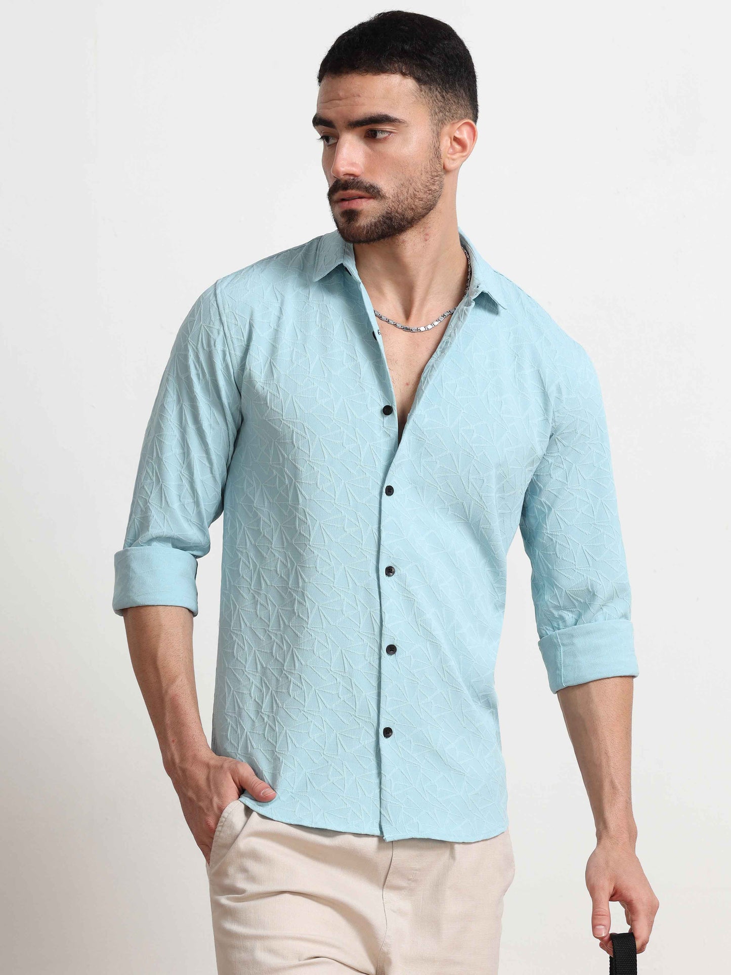 Textured Sky Blue Solid Shirt for Men