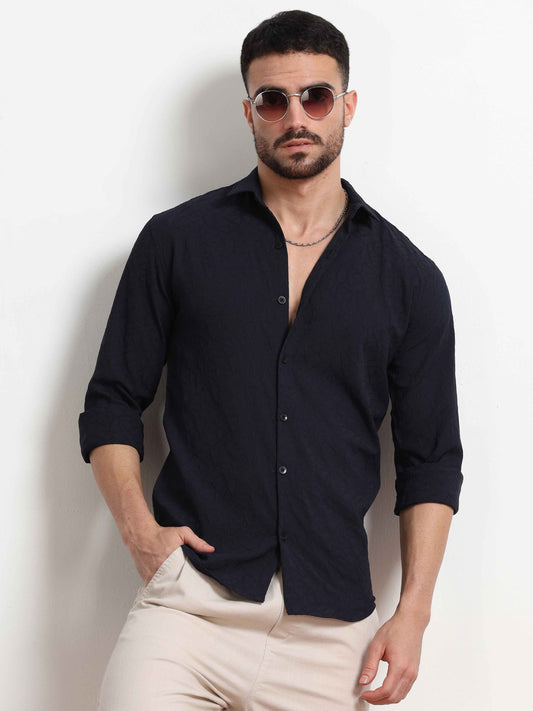 Navy Blue Textured Shirt For Men