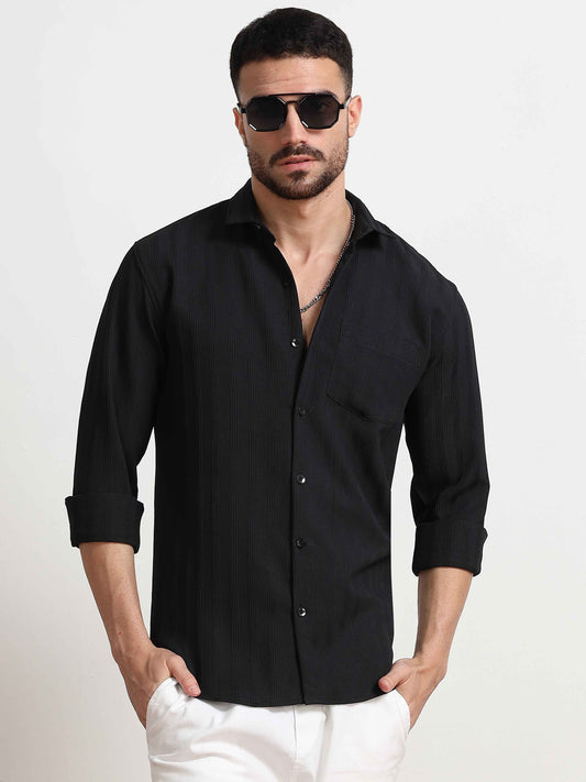 Black Lines Textured Popcorn Shirt for Men