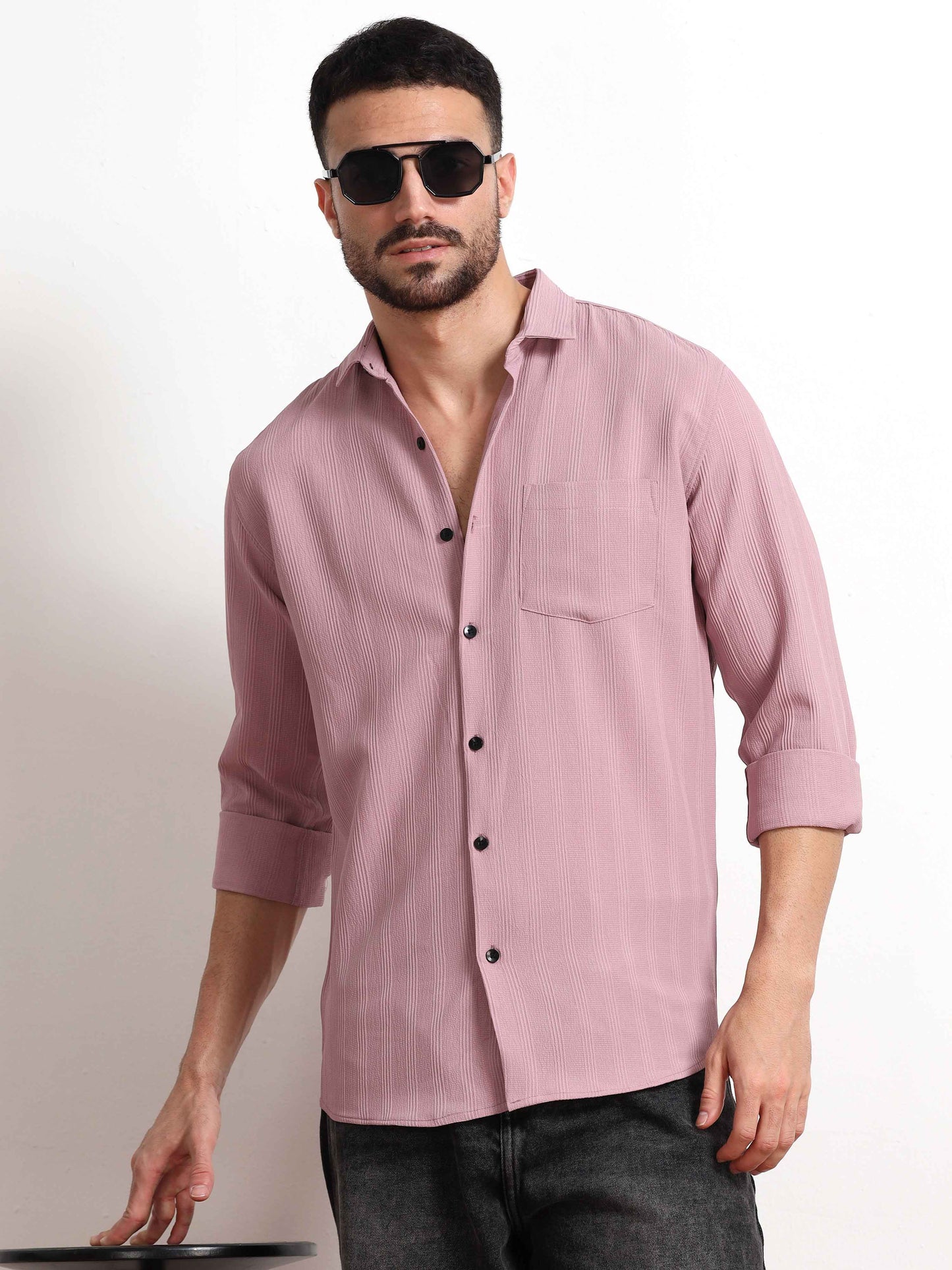 Pink Lines Textured Popcorn Fabric Shirt for Men