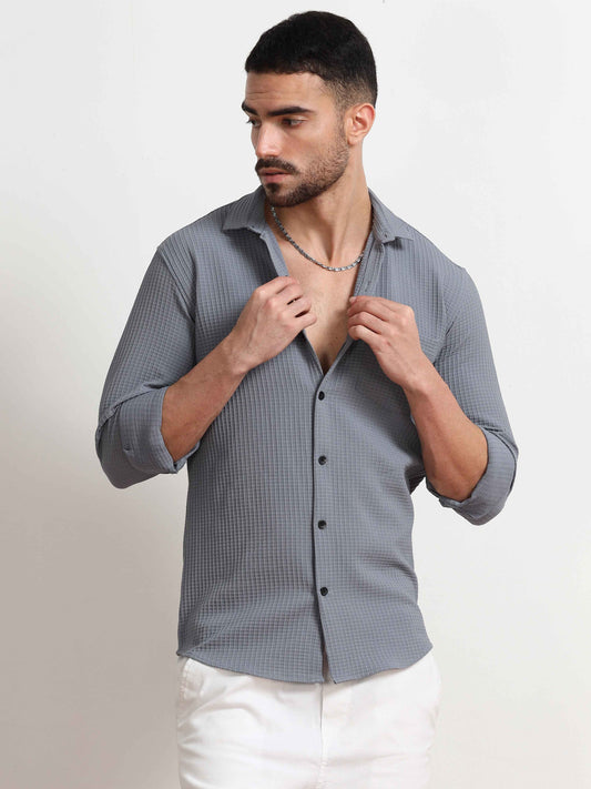 Dark Grey Waffle Textured Popcorn Shirt For Men