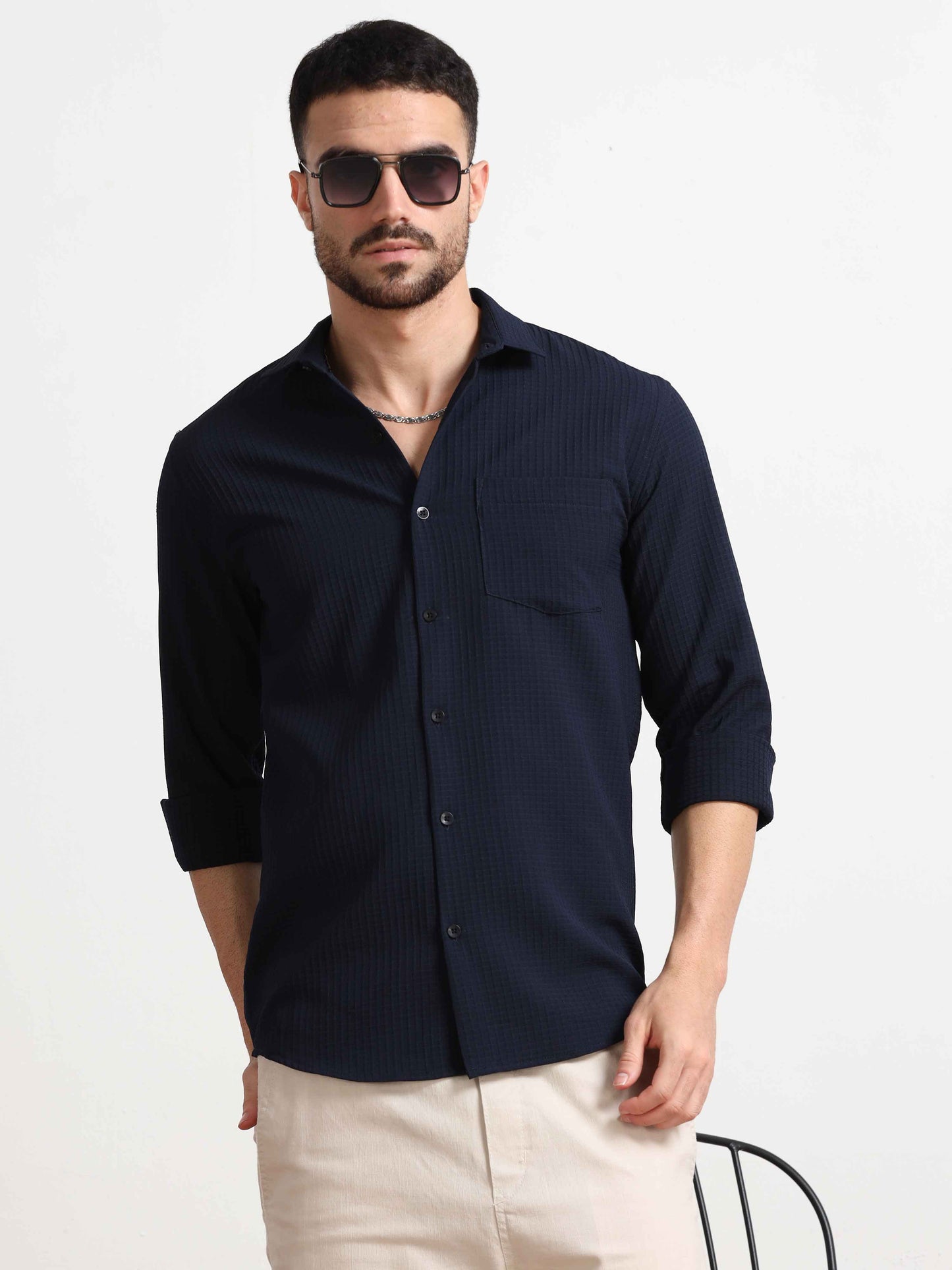 Textured Navy Blue Shirt for Men