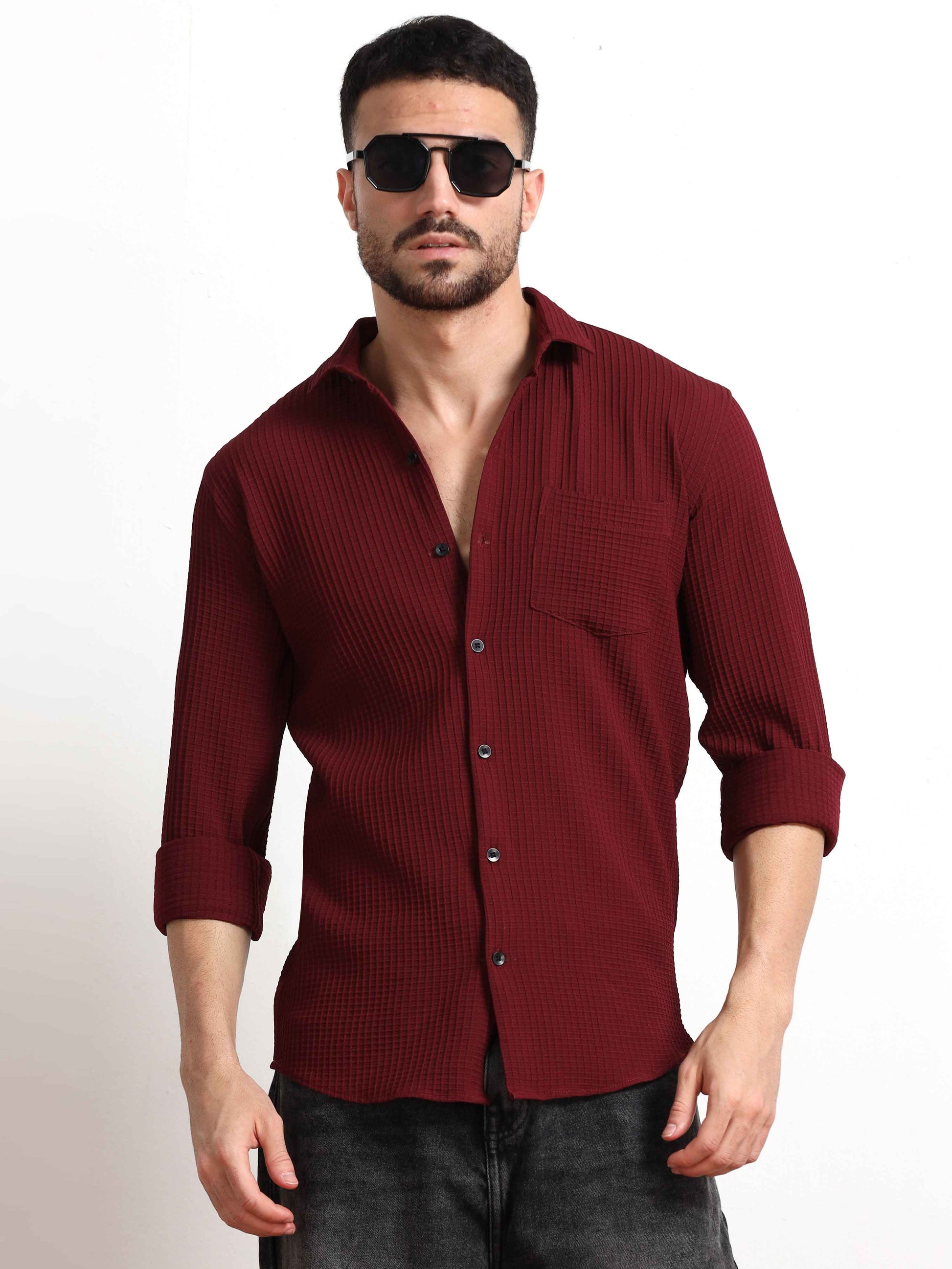 Dark Red Lines Popcorn Textured Shirt Mens