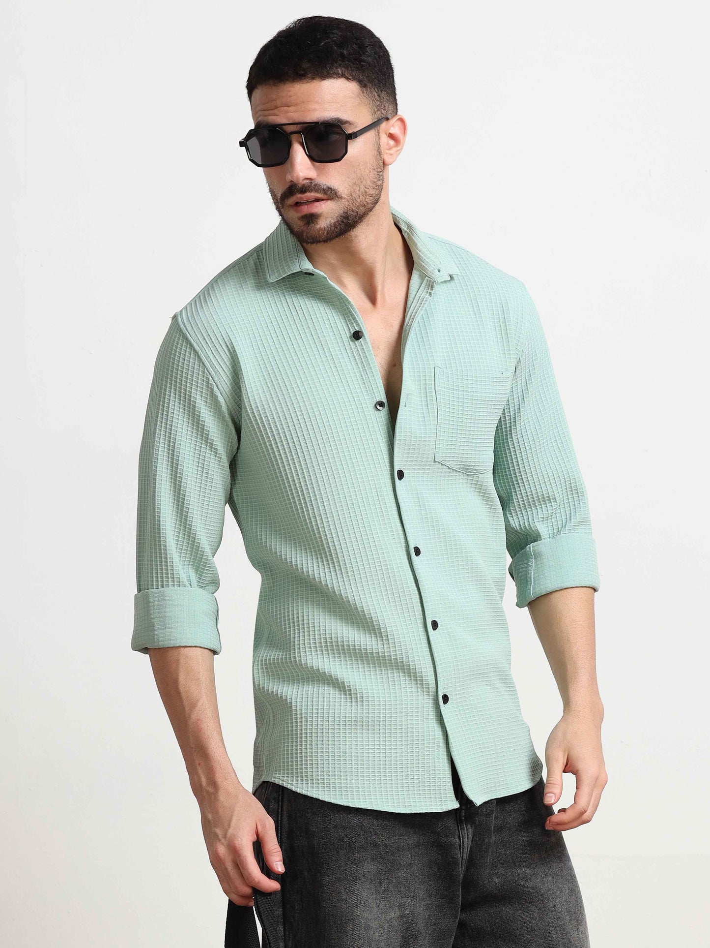 Mint Waffle Popcorn Textured Shirt for Men