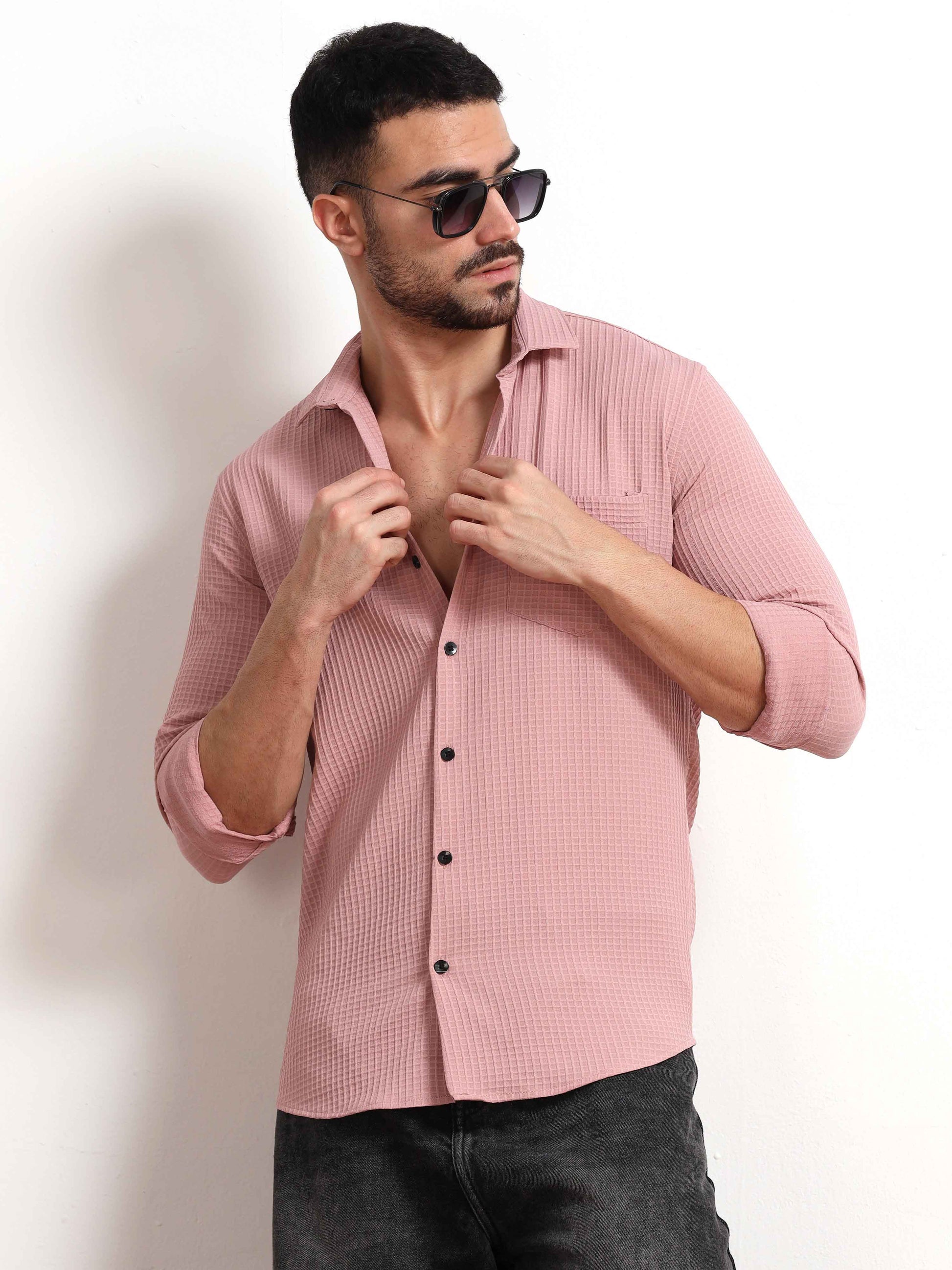 Peach Waffle Textured Men's Popcorn Shirt