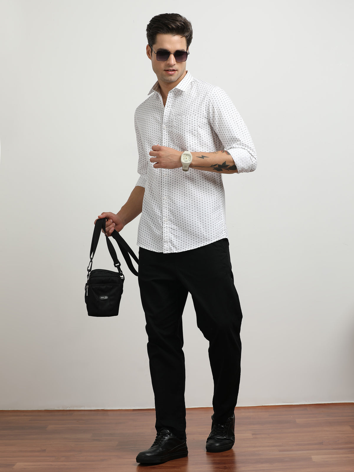 Men’s White Micro Printed Slim Fit Casual Shirt By Black Thread