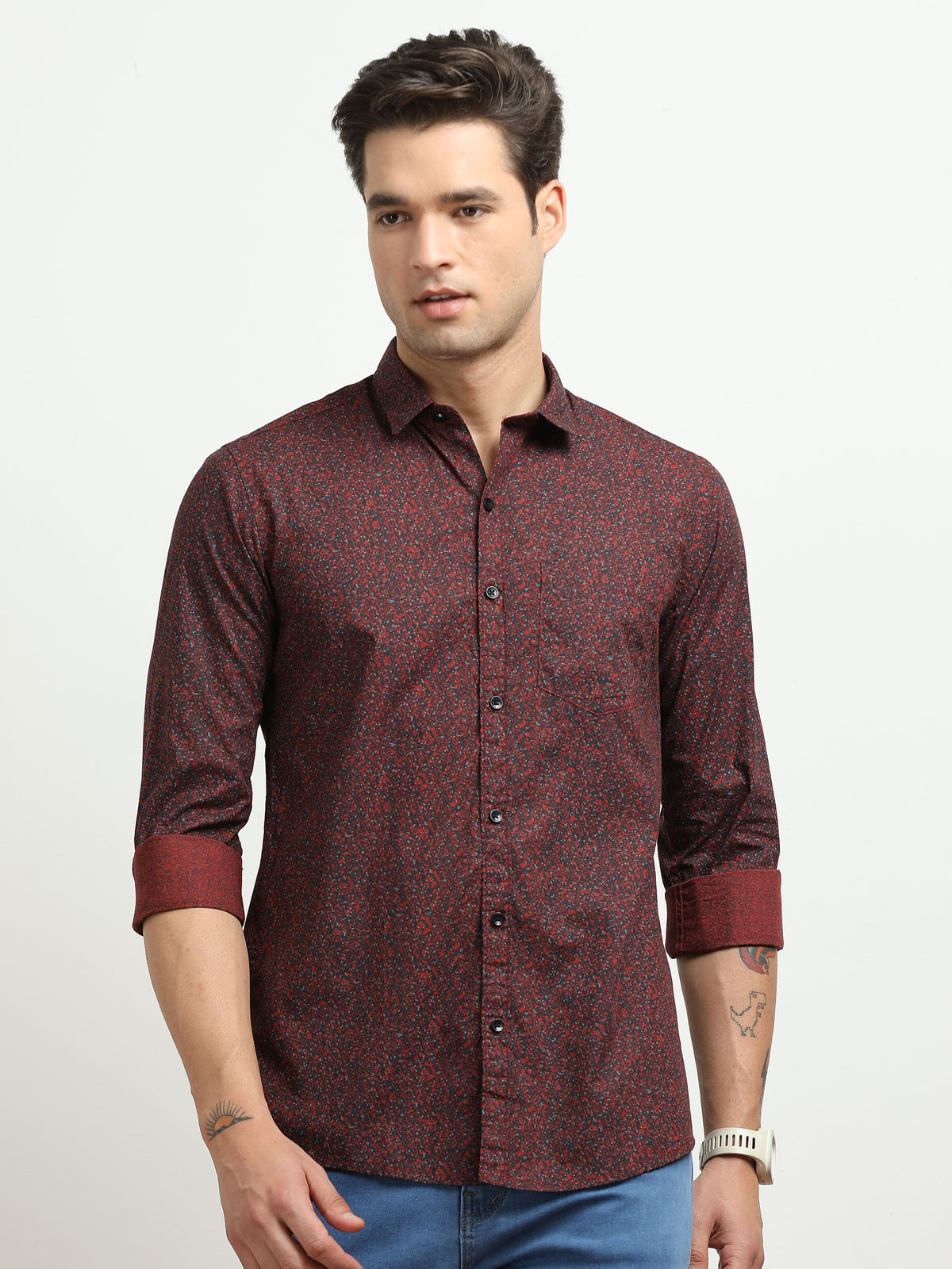 Men’s Maroon Micro Printed Slim Fit Casual Shirt By Black Thread