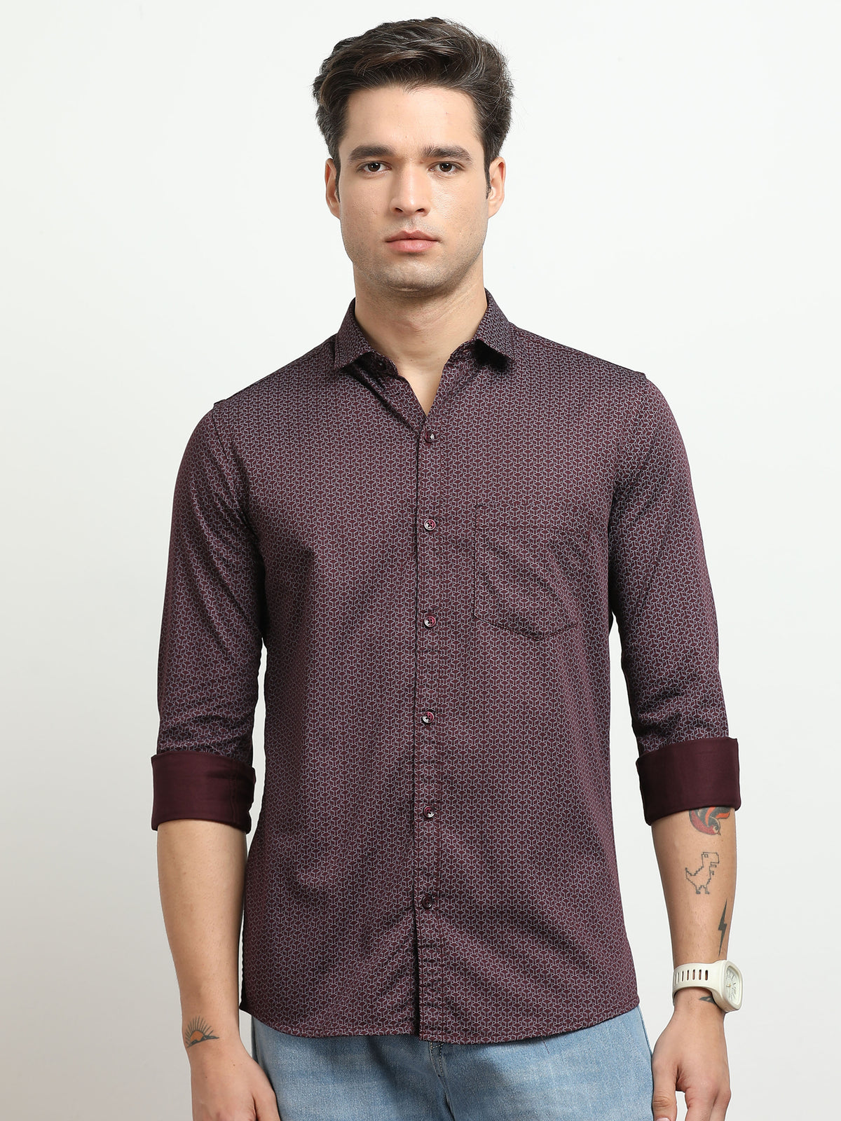 Men’s Wine Red Micro Printed Slim Fit Casual Shirt By Black Thread