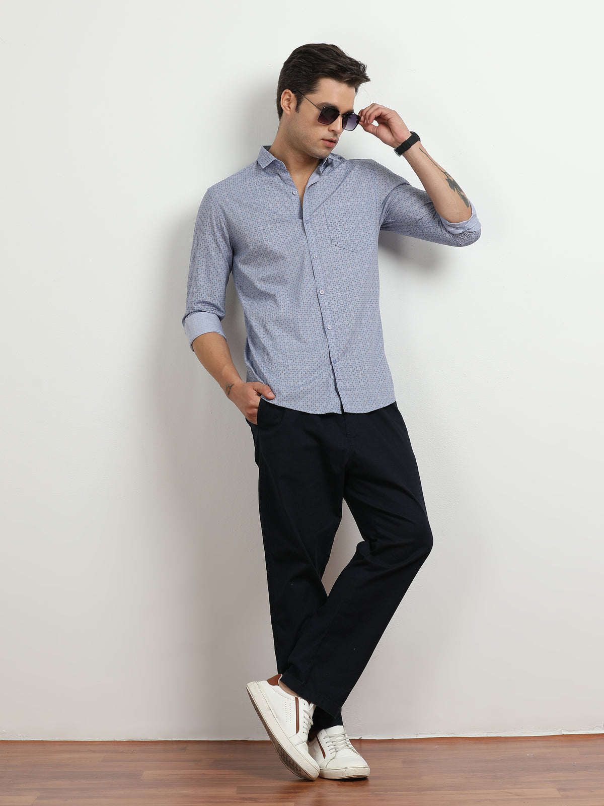 Men’s Light Blue Micro Printed Slim Fit Casual Shirt By Black Thread
