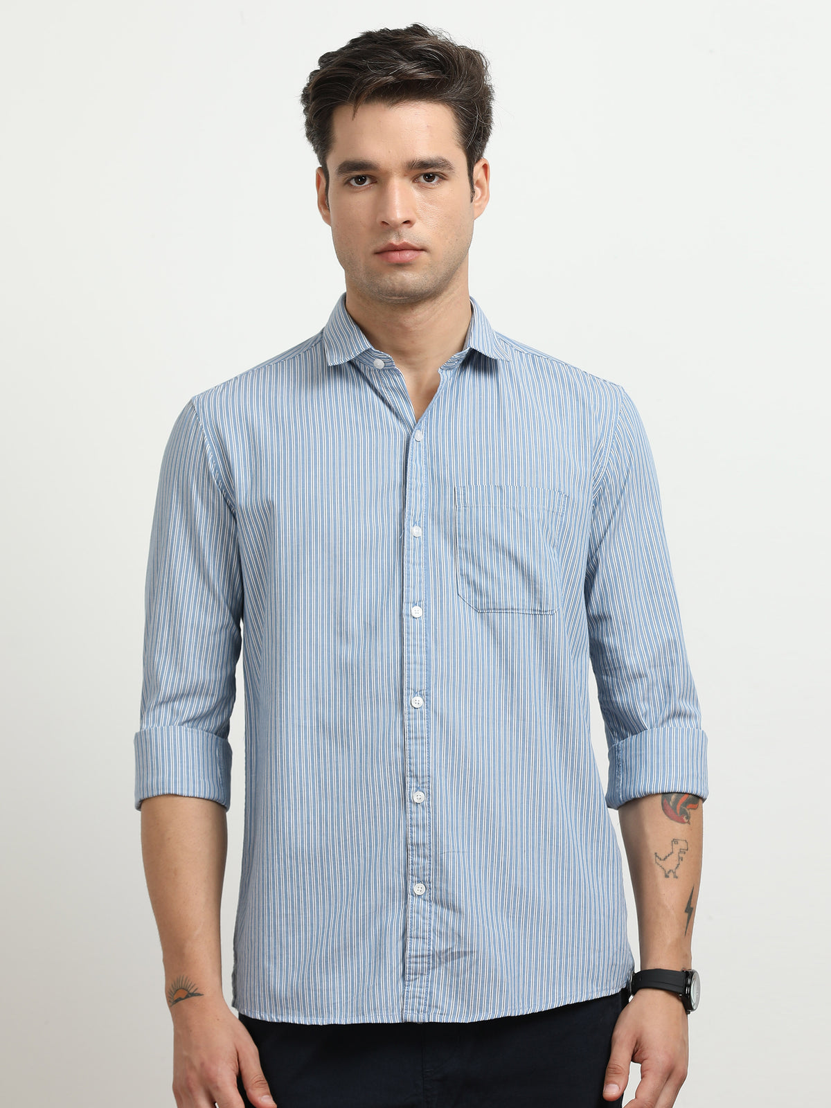 Men’s Blue & White Vertical Striped Slim Fit Casual Shirt By Black Thread