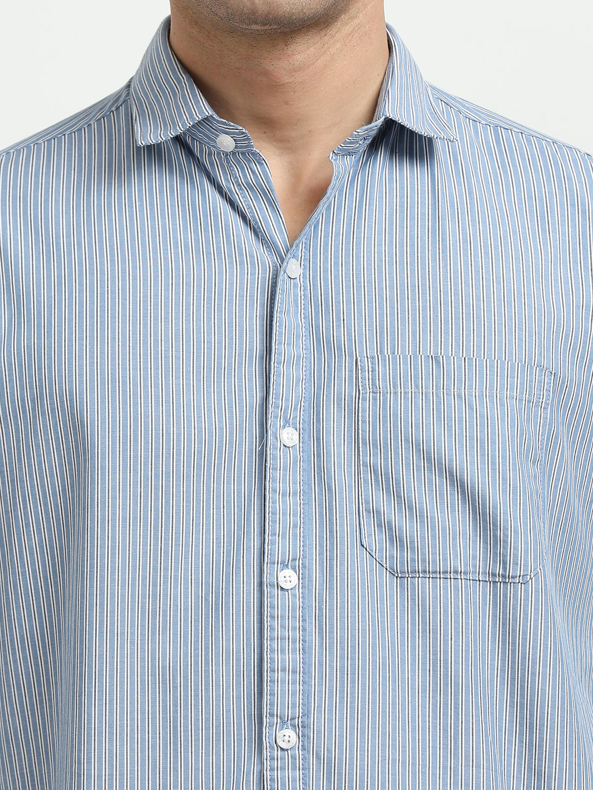 Men’s Blue & White Vertical Striped Slim Fit Casual Shirt By Black Thread