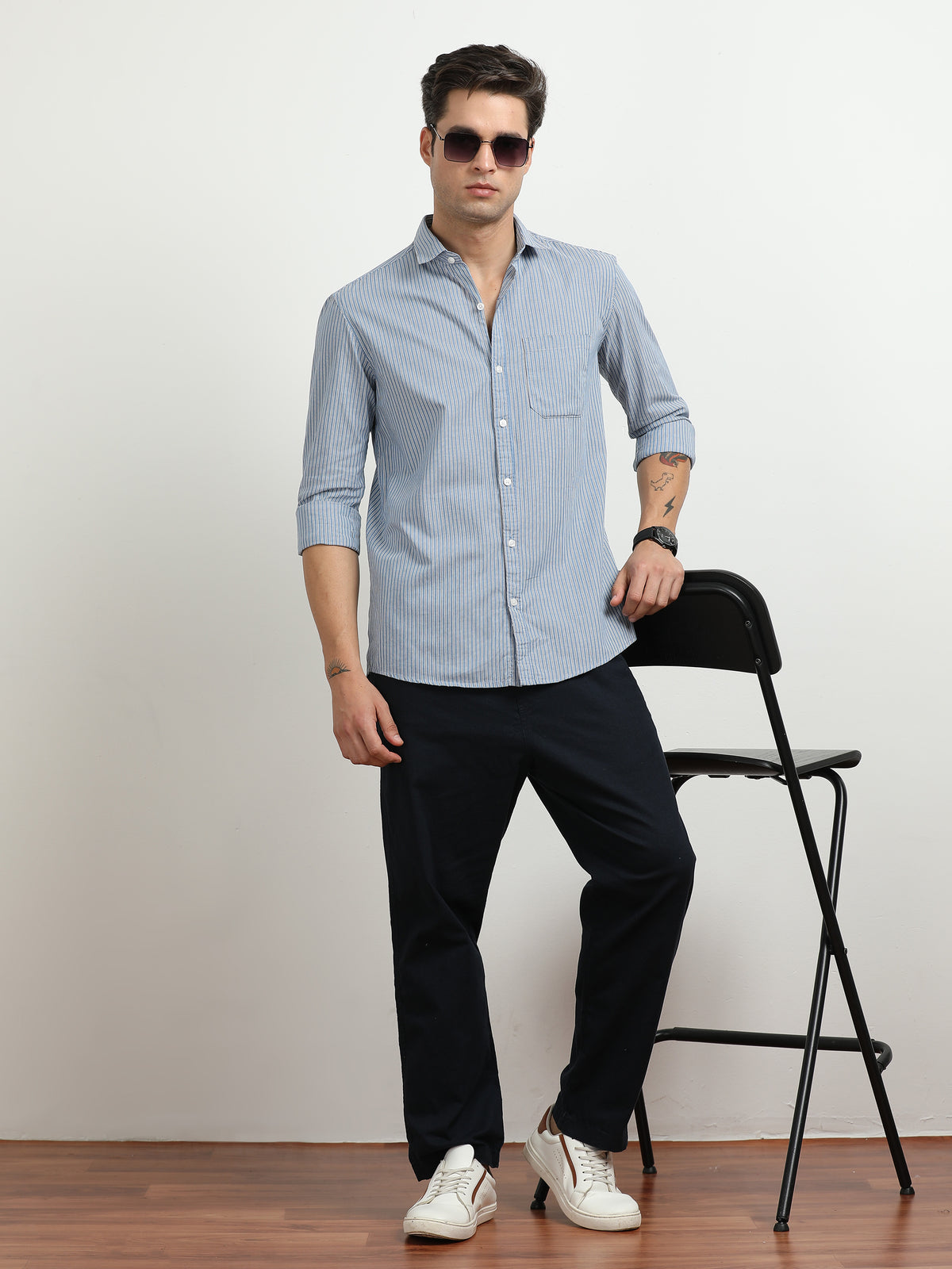 Men’s Blue & White Vertical Striped Slim Fit Casual Shirt By Black Thread