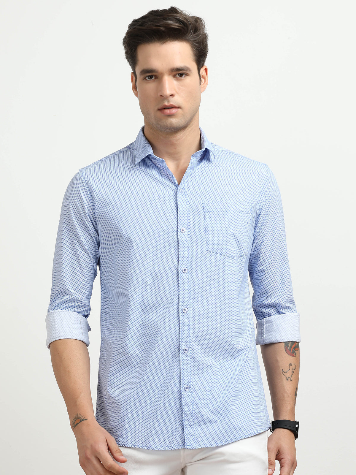 Men’s Light Blue Micro Printed Slim Fit Casual Shirt